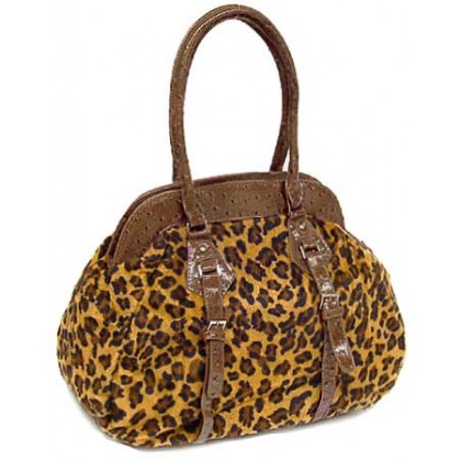 Leopard Print Satchel w/ Ostrich Embossed Trim - Brown - BG-90228BR 